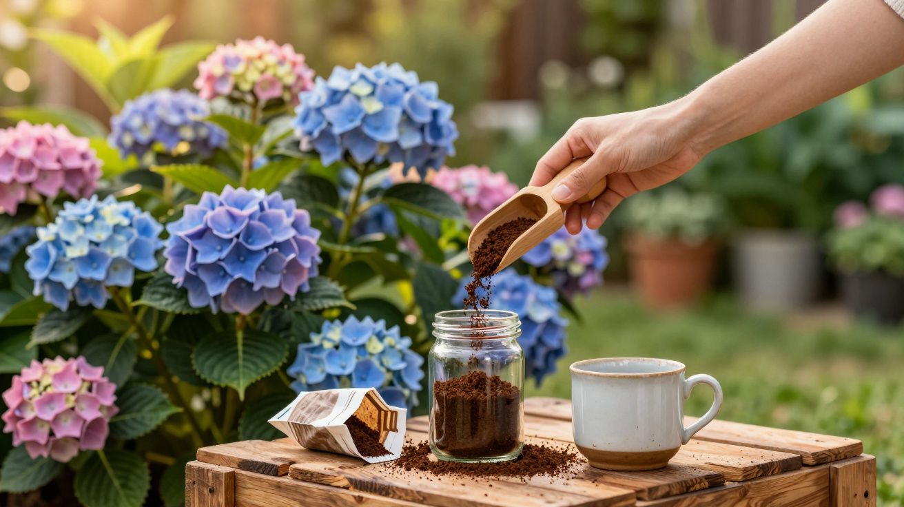 Pessoa a colocar café moído de uma colher para um frasco de vidro, com flores coloridas ao fundo.