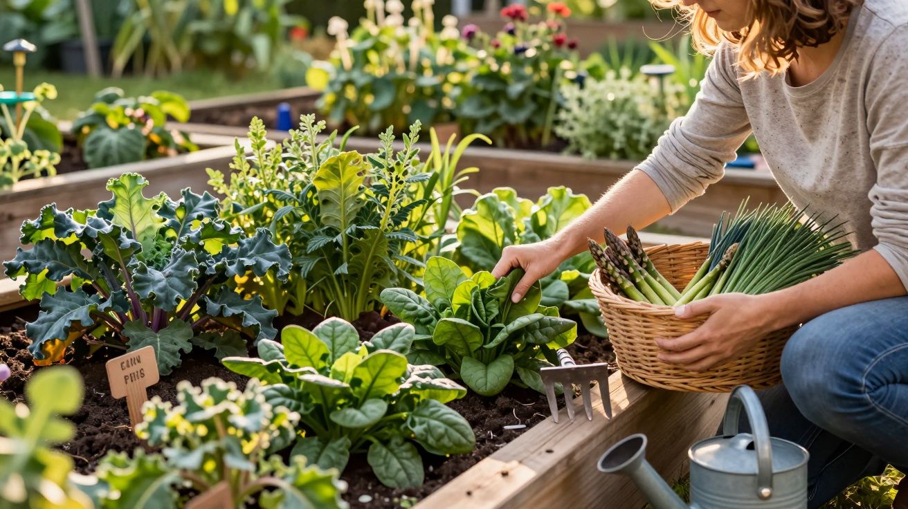 Mulher a colher legumes frescos numa horta urbana com cesta e regador ao lado.