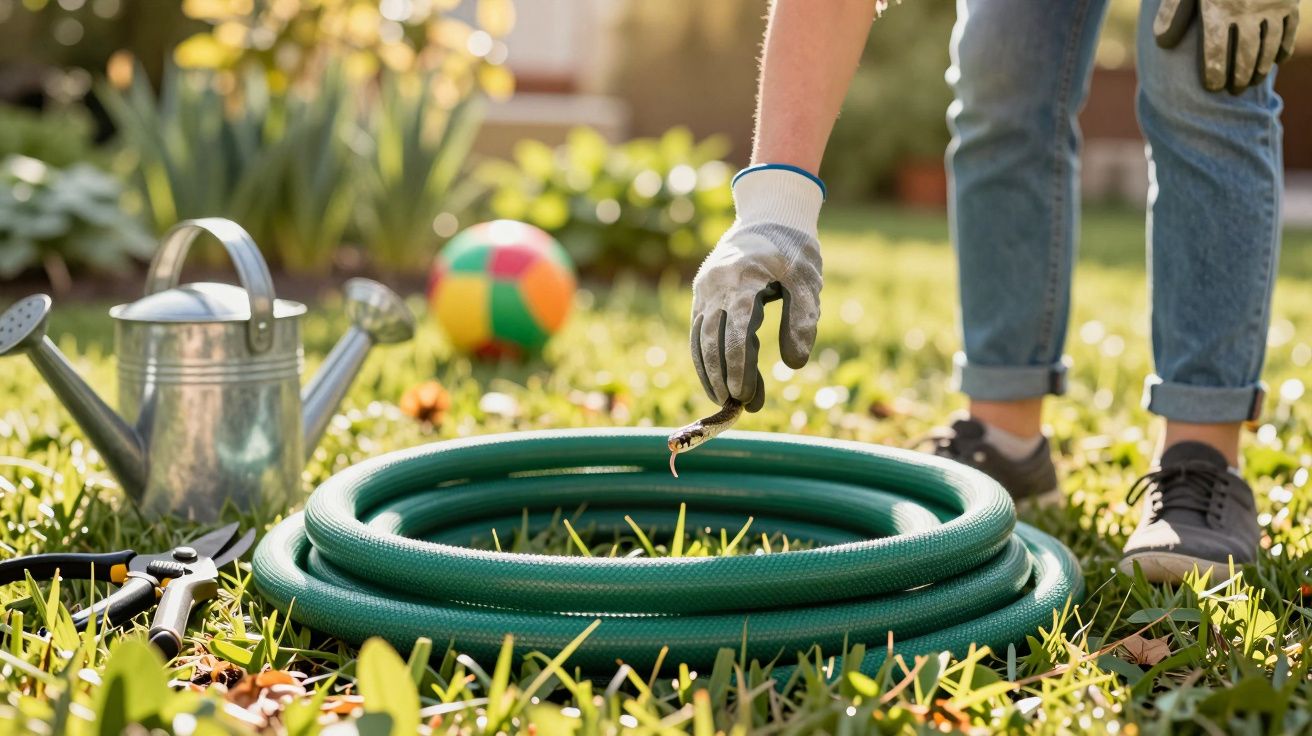 Pessoa com luva a remover um caracol de uma mangueira verde enrolada no relvado do jardim.
