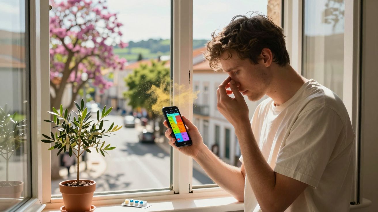 Homem com expressão de alergia segura telemóvel com aplicação de poluentes junto a janela aberta.