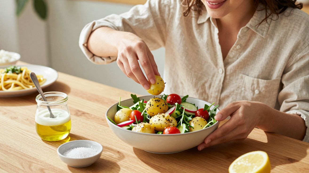 Pessoa a colocar batatas pequenas numa salada com tomate cherry, pepino e sementes num prato branco.