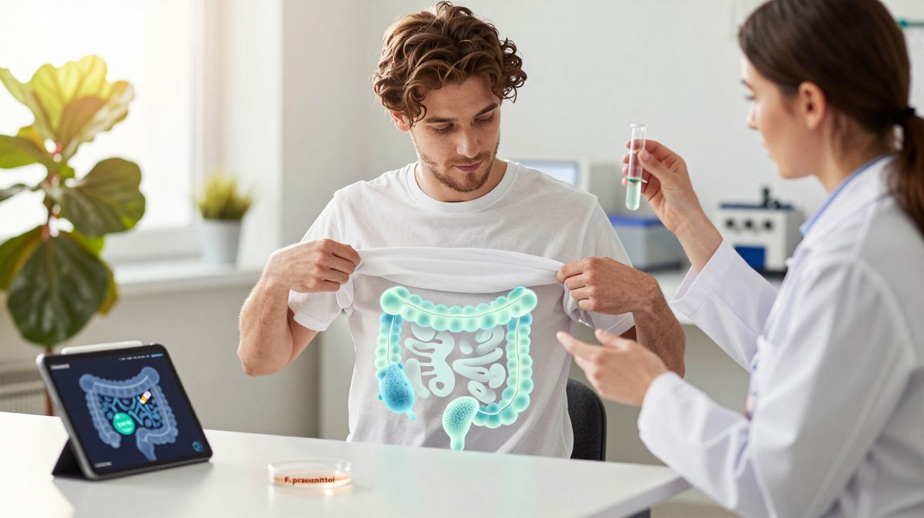 Homem levanta a t-shirt mostrando intestino ilustrado, enquanto mulher com bata branca segura tubo de ensaio.