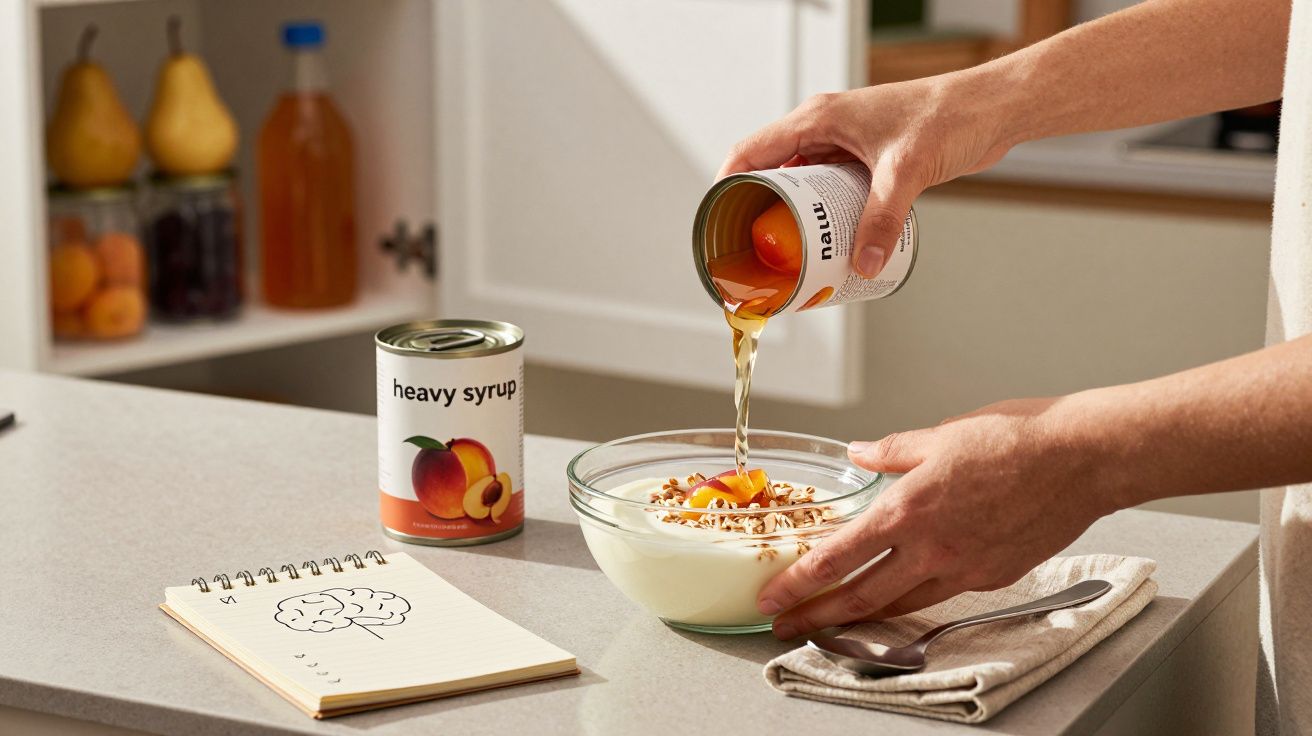 Pessoa a verter xarope de pêssego numa taça de iogurte com granola numa cozinha iluminada.