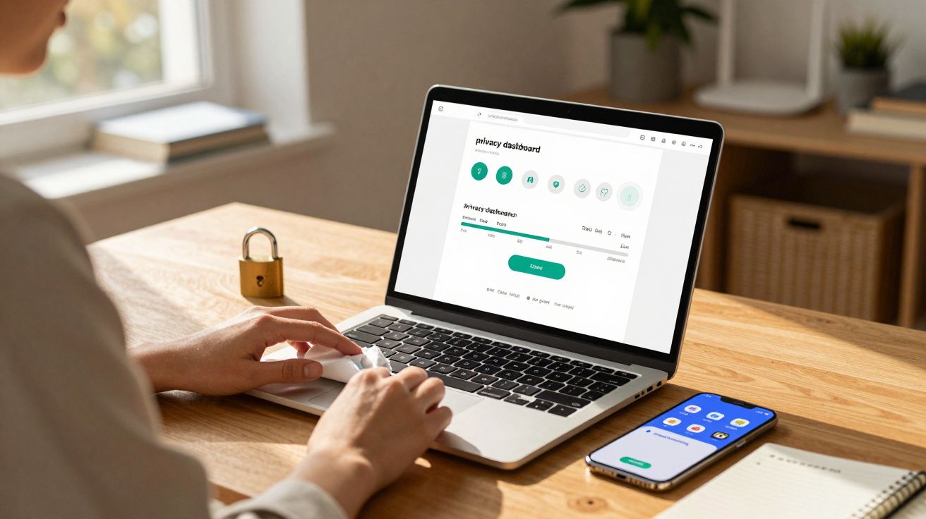 Pessoa a trabalhar num portátil com ecrã a mostrar painel de controlo de privacidade, telemóvel ao lado e cadeado na mesa.