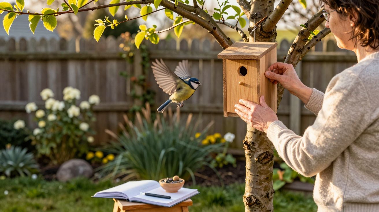 Pessoa a colocar uma casinha de pássaros numa árvore com um pássaro a voar no jardim iluminado pelo sol.