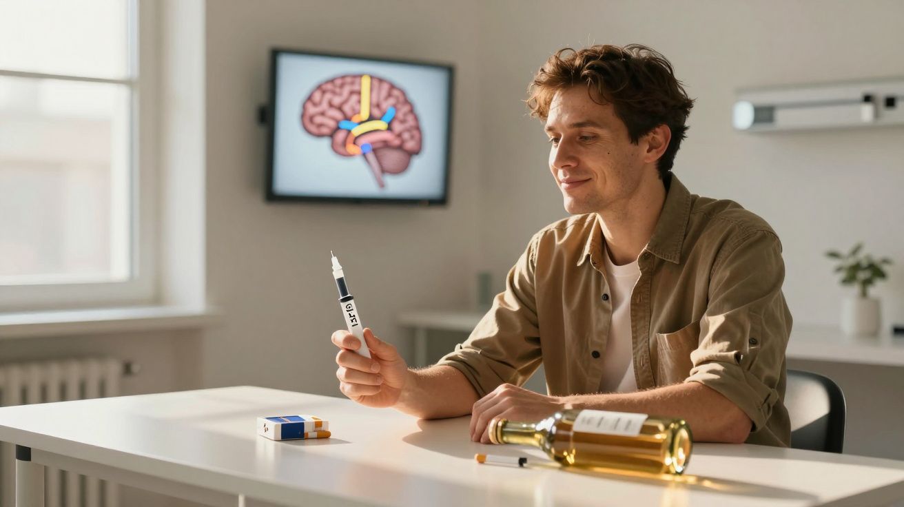 Homem sentado à mesa com garrafa de álcool e seringa, tela com imagem de cérebro ao fundo.