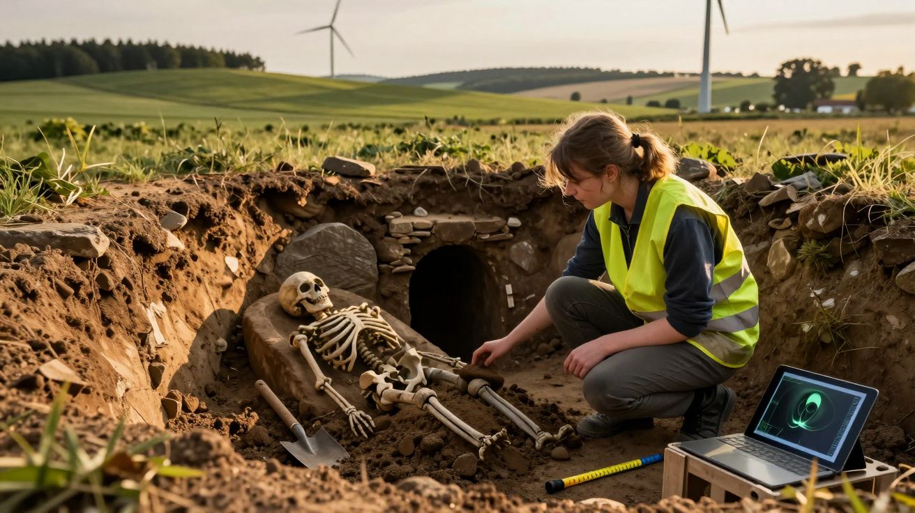 Arqueóloga em colete refletor examina esqueleto antigo escavado em campo com moinho de vento ao fundo.