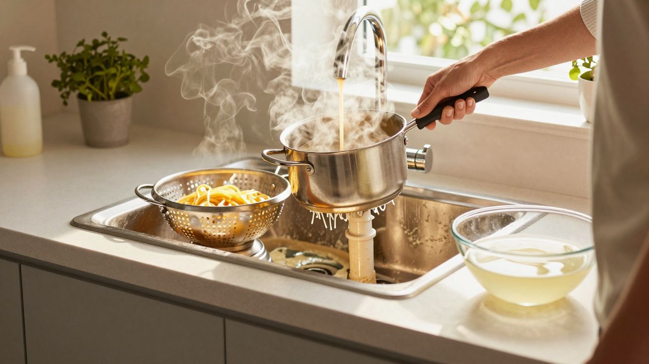 Pessoa a escorrer massa quente num escorredor de inox junto a uma pia de cozinha moderna.