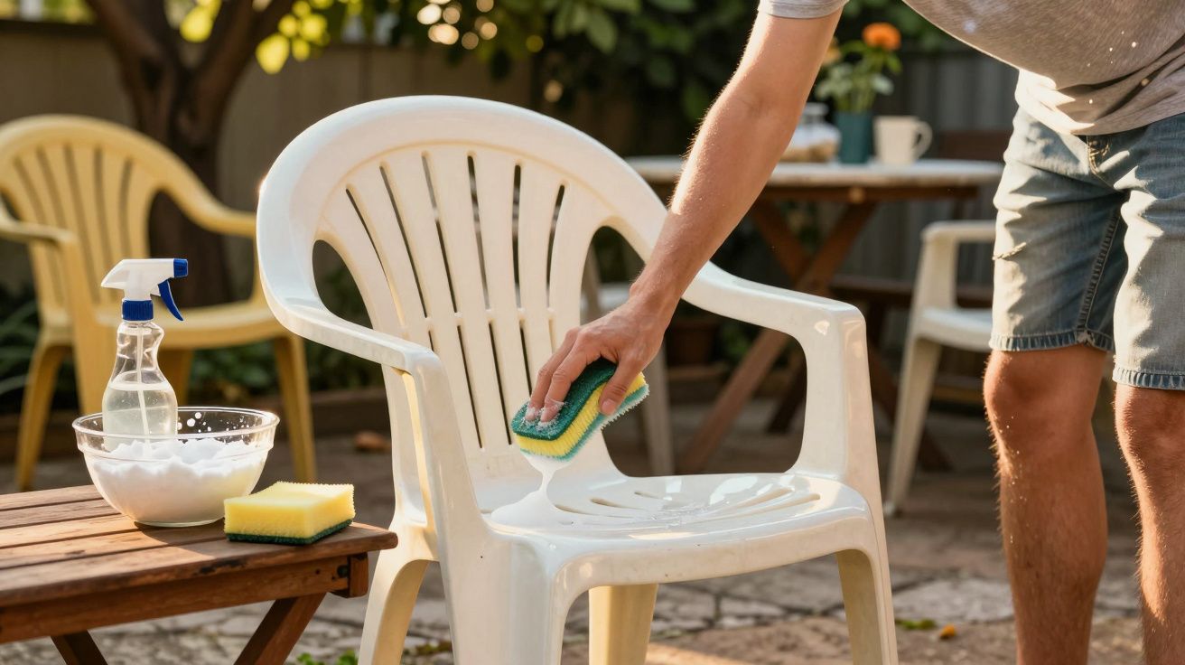 Pessoa a limpar uma cadeira de plástico branca com esponja e detergente num espaço exterior.