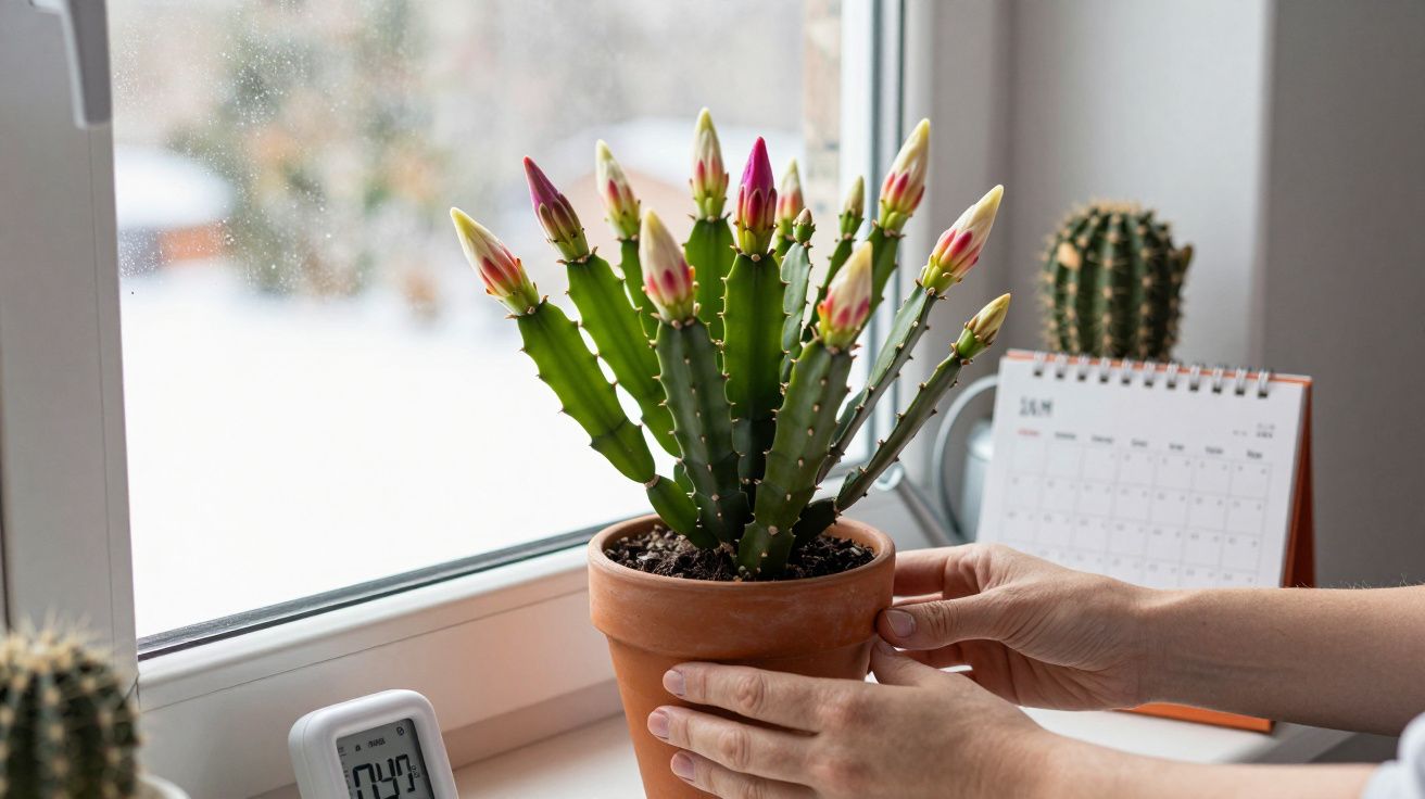 Mãos seguram vaso de barro com cacto florido junto a janela com calendário e termómetro digital ao fundo.