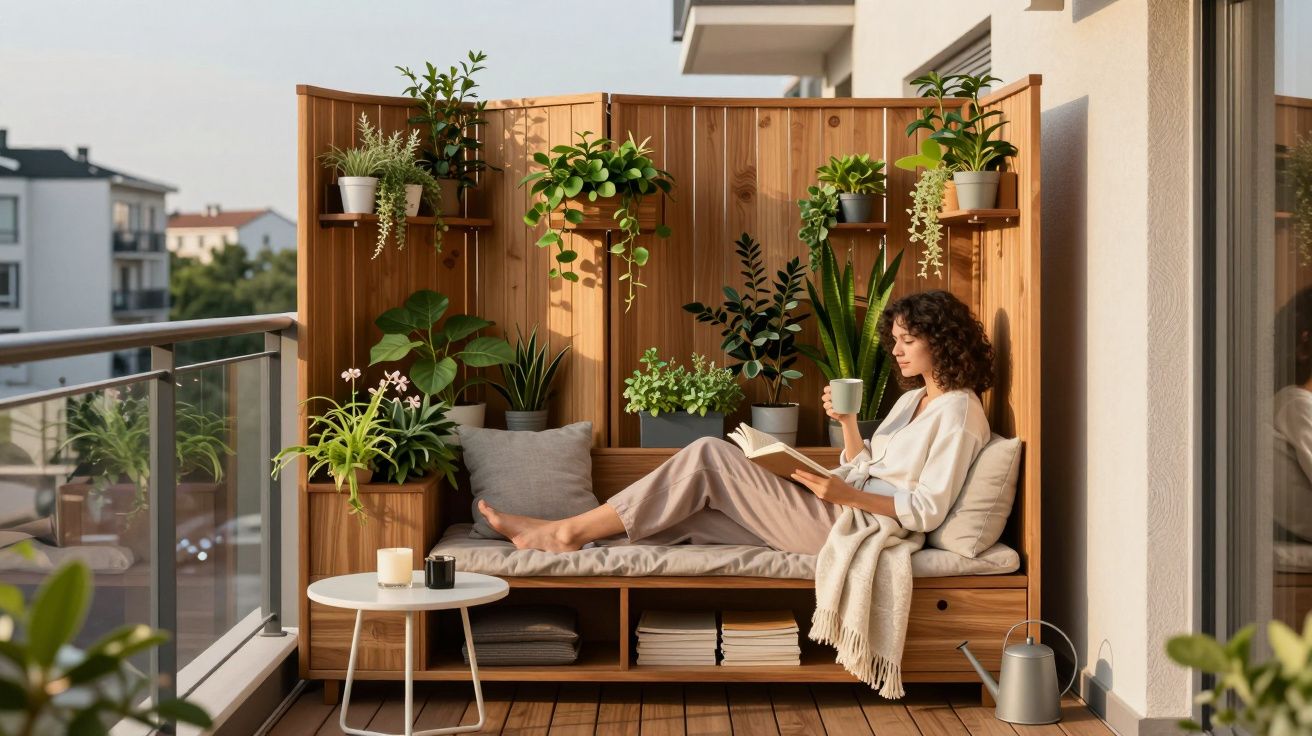 Mulher sentada numa varanda com plantas a ler um livro e a beber chá num espaço acolhedor e decorado.