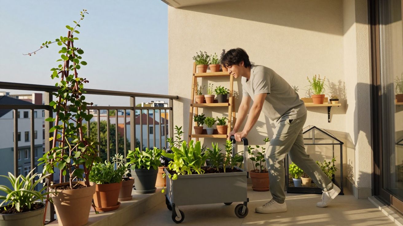 Pessoa jovem a cuidar de plantas num carrinho num terraço ensolarado com vasos e estante de plantas.