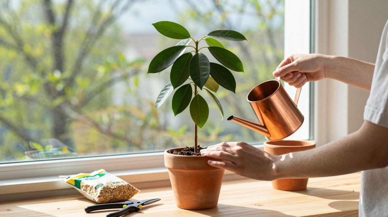 Pessoa a regar planta jovem em vaso de barro junto a janela com utensílios de jardinagem numa mesa de madeira.