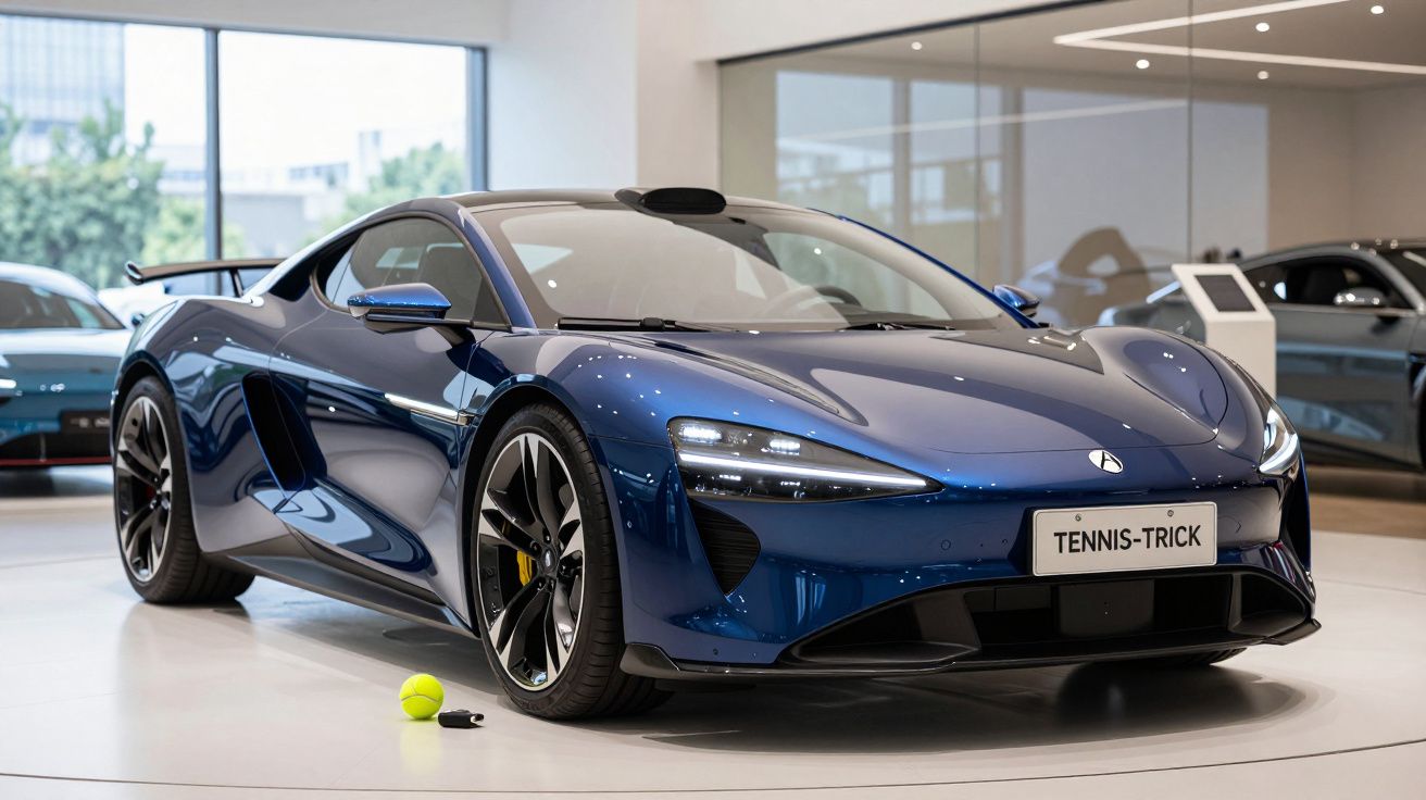 Carro desportivo azul brilhante em exposição com bola de ténis e raquete no chão.