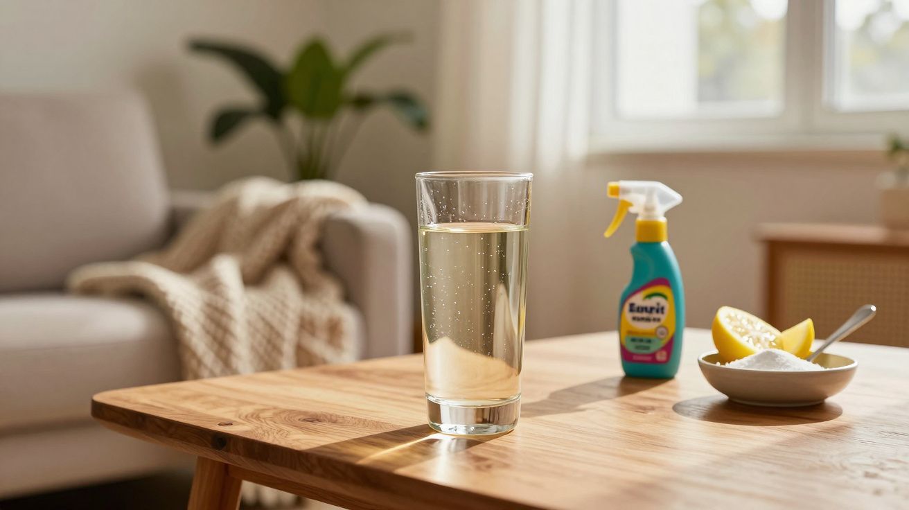 Copo de água numa mesa de madeira com limão, bicarbonato e spray de limpeza ao fundo numa sala iluminada.
