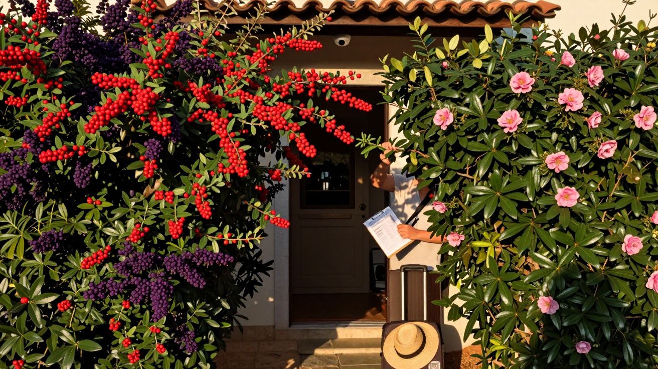 Entrada de casa com duas grandes plantas floridas e mala com chapéu ao sol.