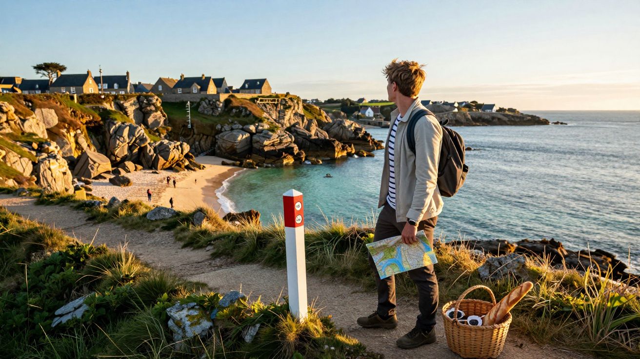 Homem com mochila e mapa observa a praia rodeada por casas e rochas ao pôr do sol.