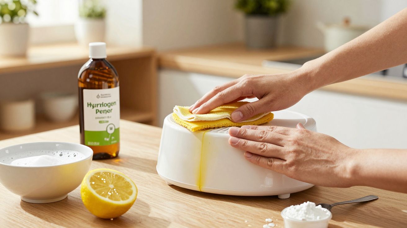 Mãos a limpar mancha amarela num tacho branco com pano amarelo e ingredientes naturais na bancada.