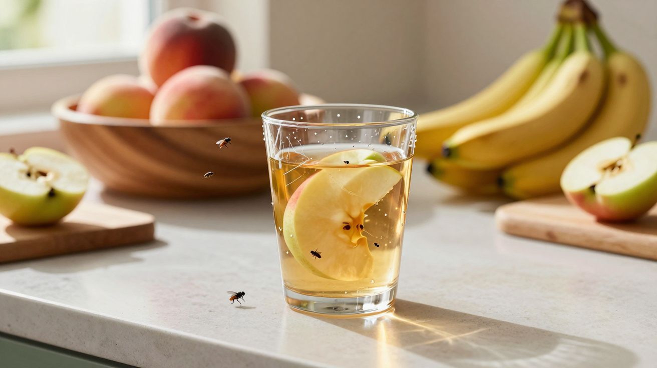 Copo com fatia de maçã e mel, rodeado por várias abelhas numa bancada com frutas atrás.
