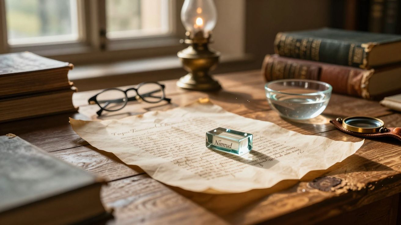 Mesa de madeira com pergaminho, lupa, óculos, livros, lâmpada antiga e prisma de vidro com palavra Nimrud.