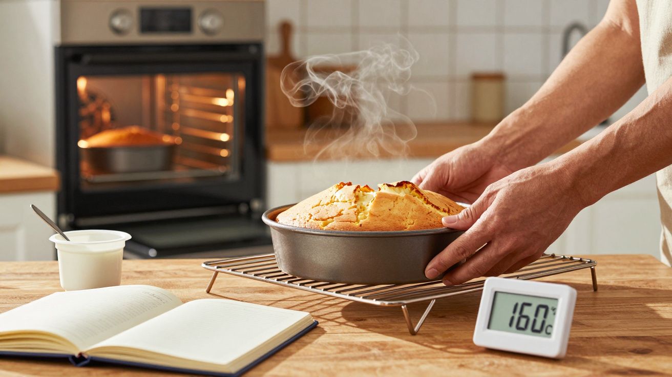 Pão quente acabado de sair do forno sobre grelha, com termómetro a indicar 160°C e livro de receitas aberto.