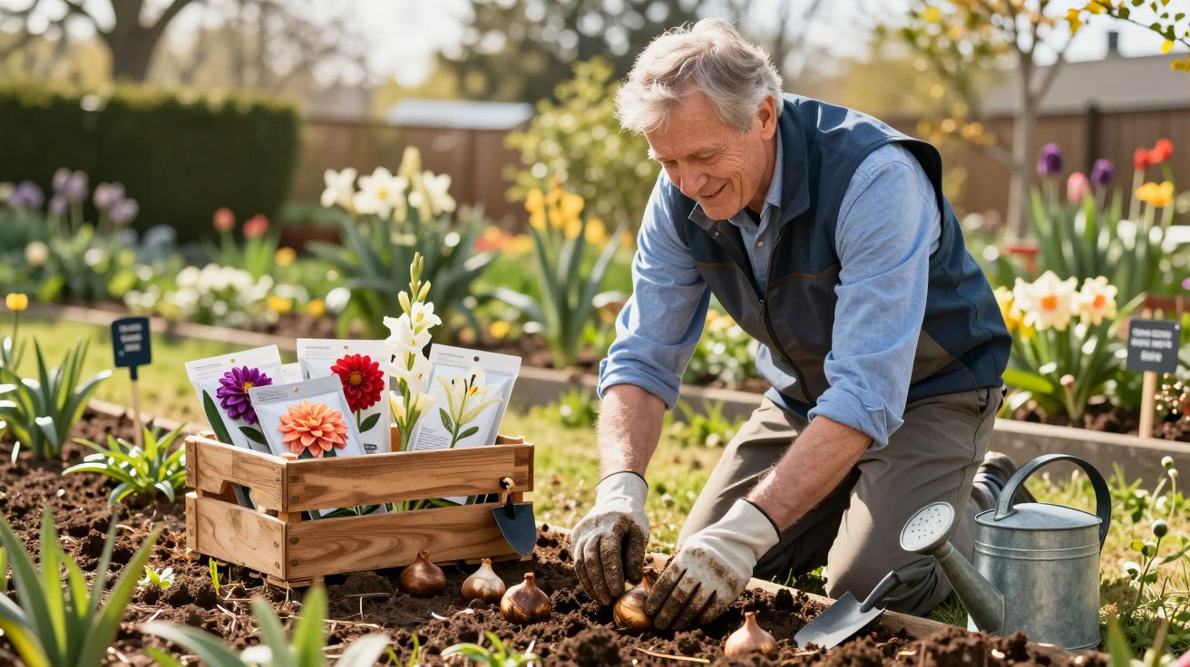 Homem sénior a plantar bulbos de flores num jardim com regador e sementes ao lado.