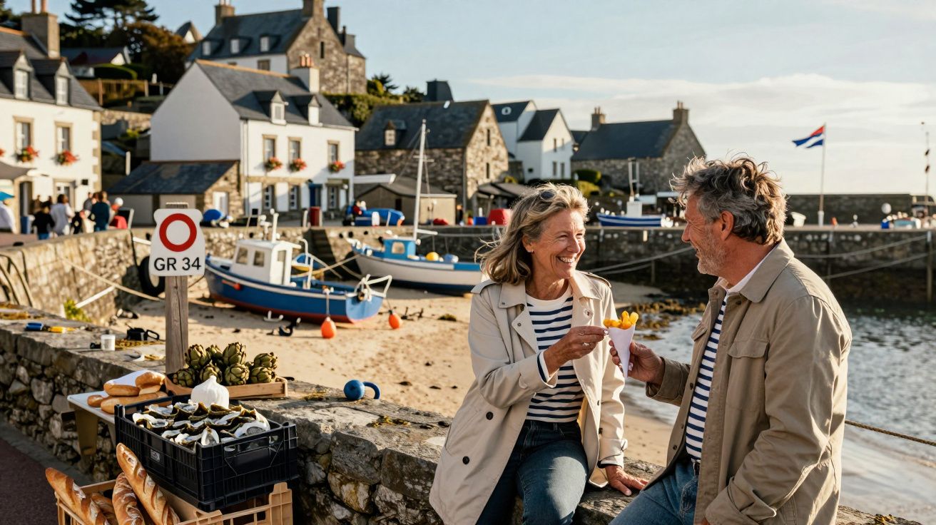Casal maduro a brindar com batatas fritas junto a um mercado e barcos num porto de pescadores.