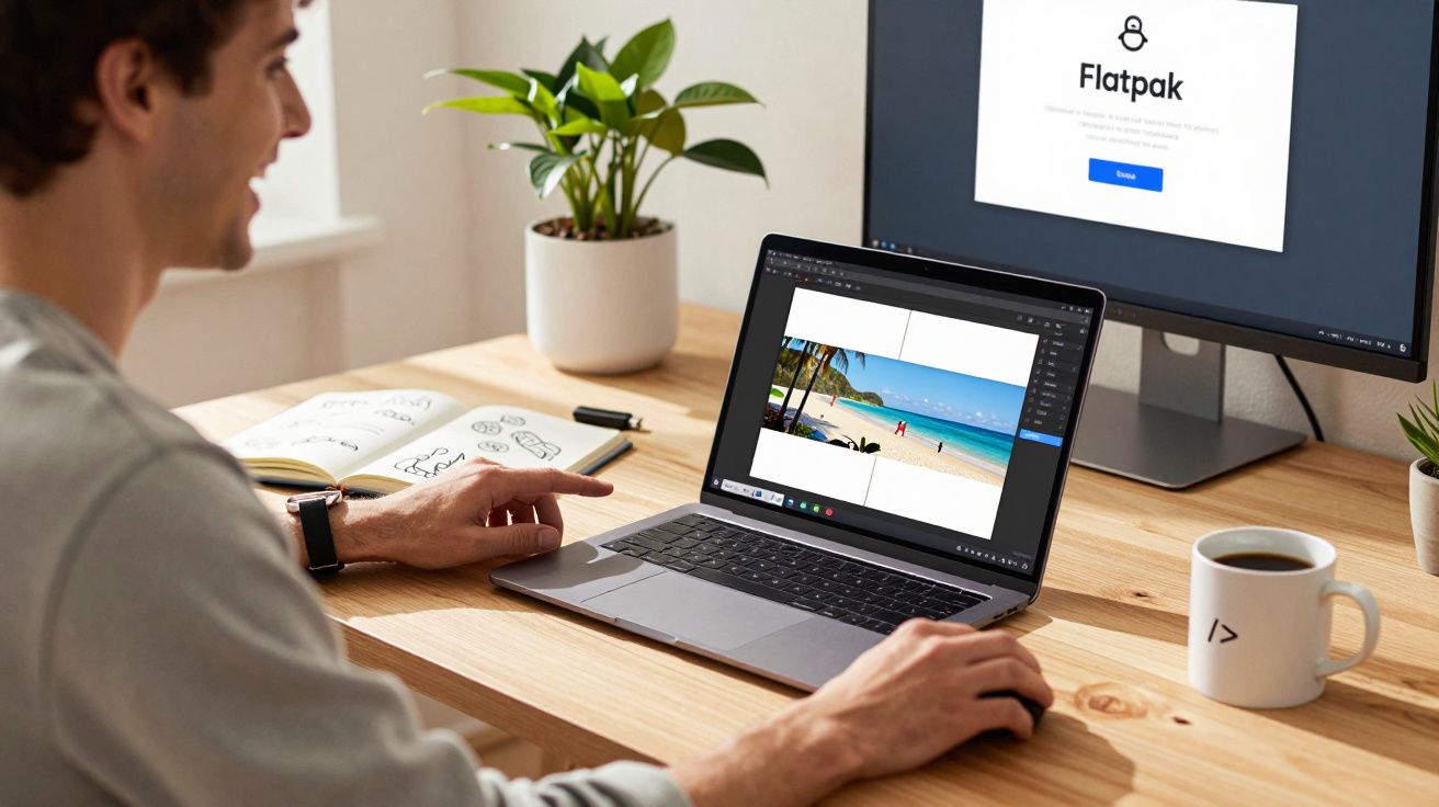 Pessoa a trabalhar num portátil com imagem de praia aberta e ecrã externo com a interface Flatpak.