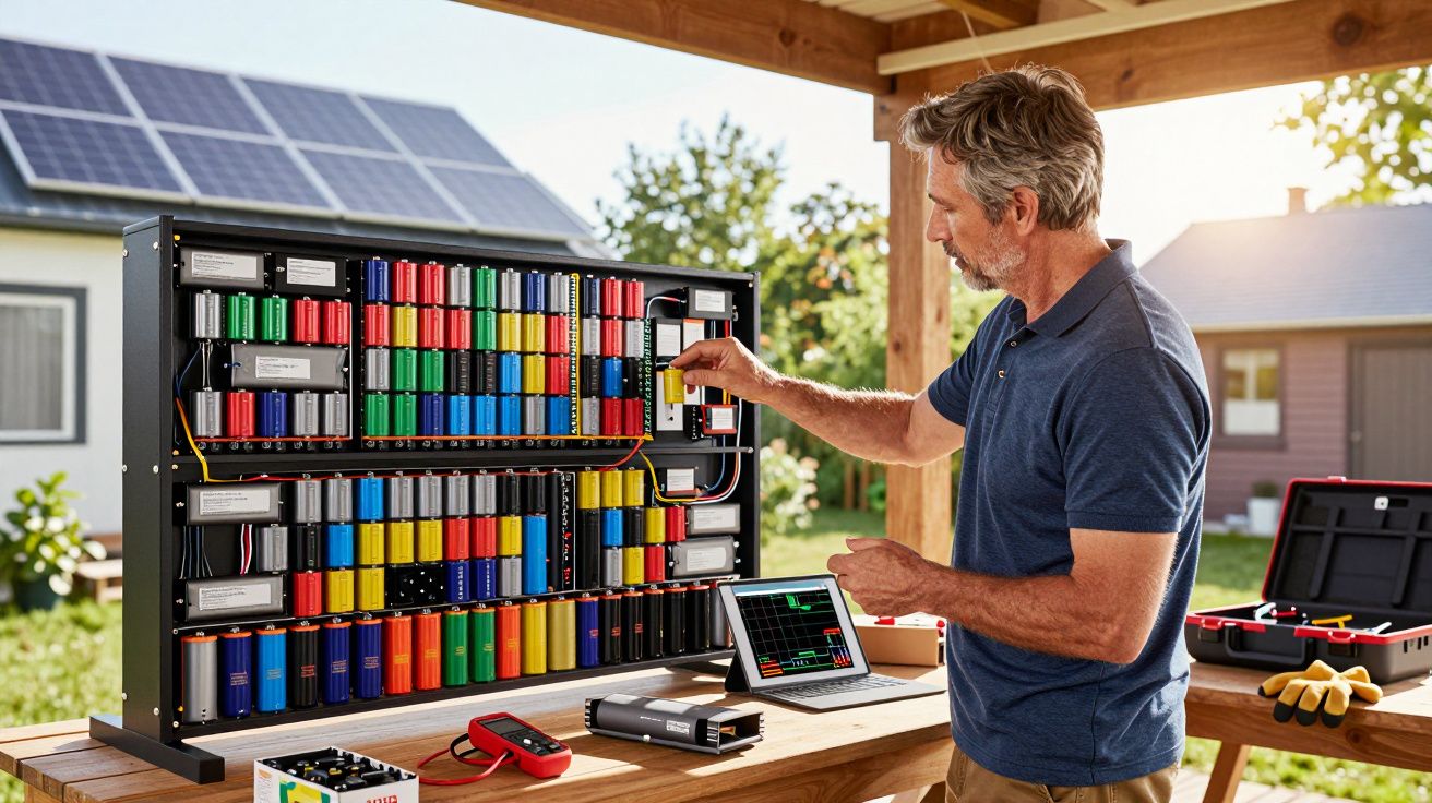 Homem a inspecionar bateria colorida com painéis solares numa bancada ao ar livre numa casa.