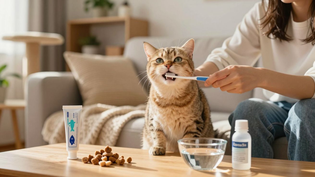 Gato a ser escovado nos dentes por uma mulher sentada no sofá, com comida e produtos numa mesa à frente.
