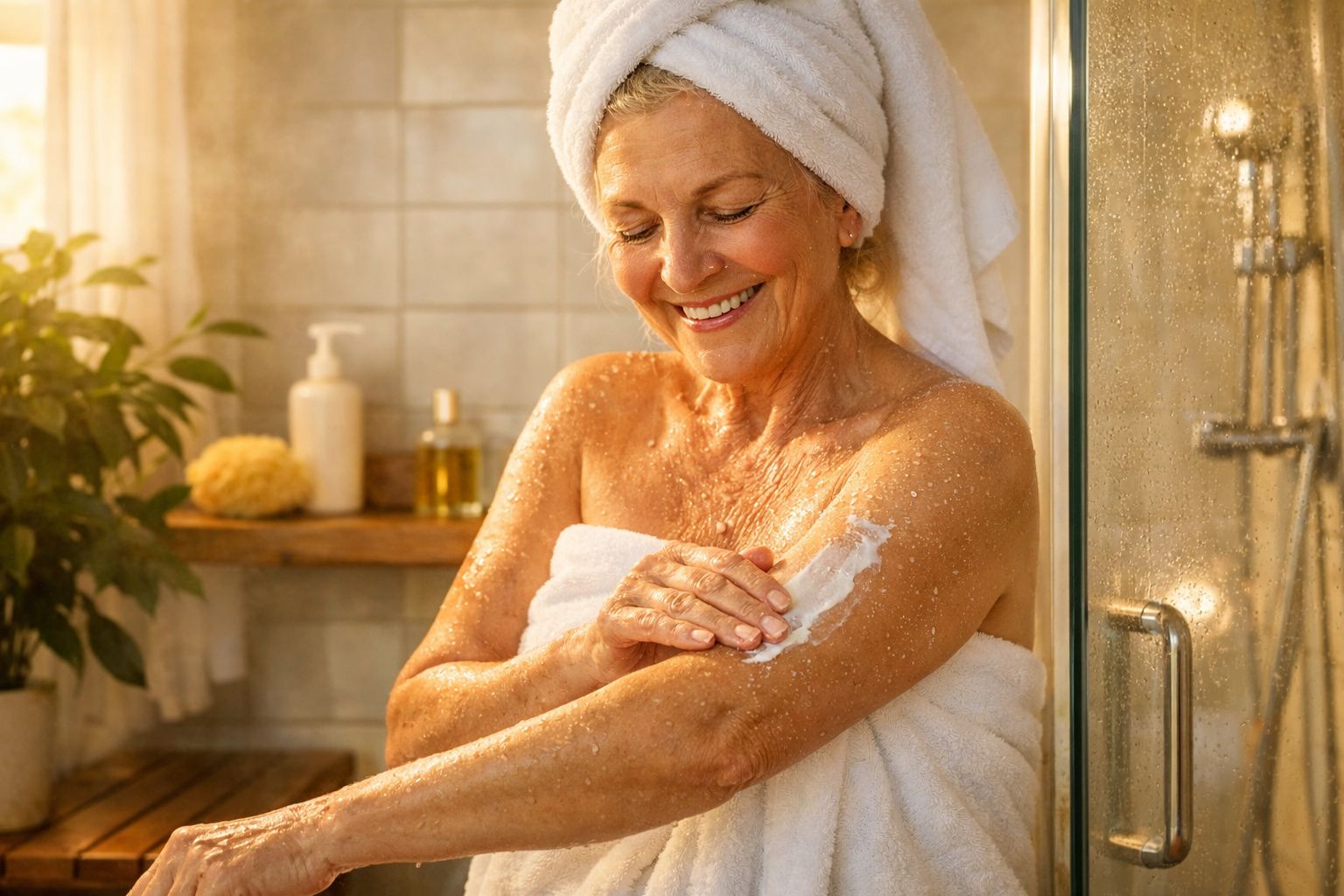 Mulher madura com toalha no cabelo e corpo a aplicar creme hidratante no braço numa casa de banho iluminada.