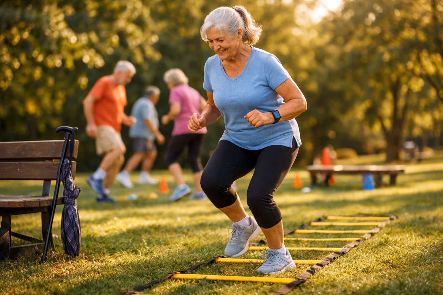 Grupo de mulheres seniores a fazer exercício com escada de agilidade num parque ao ar livre.