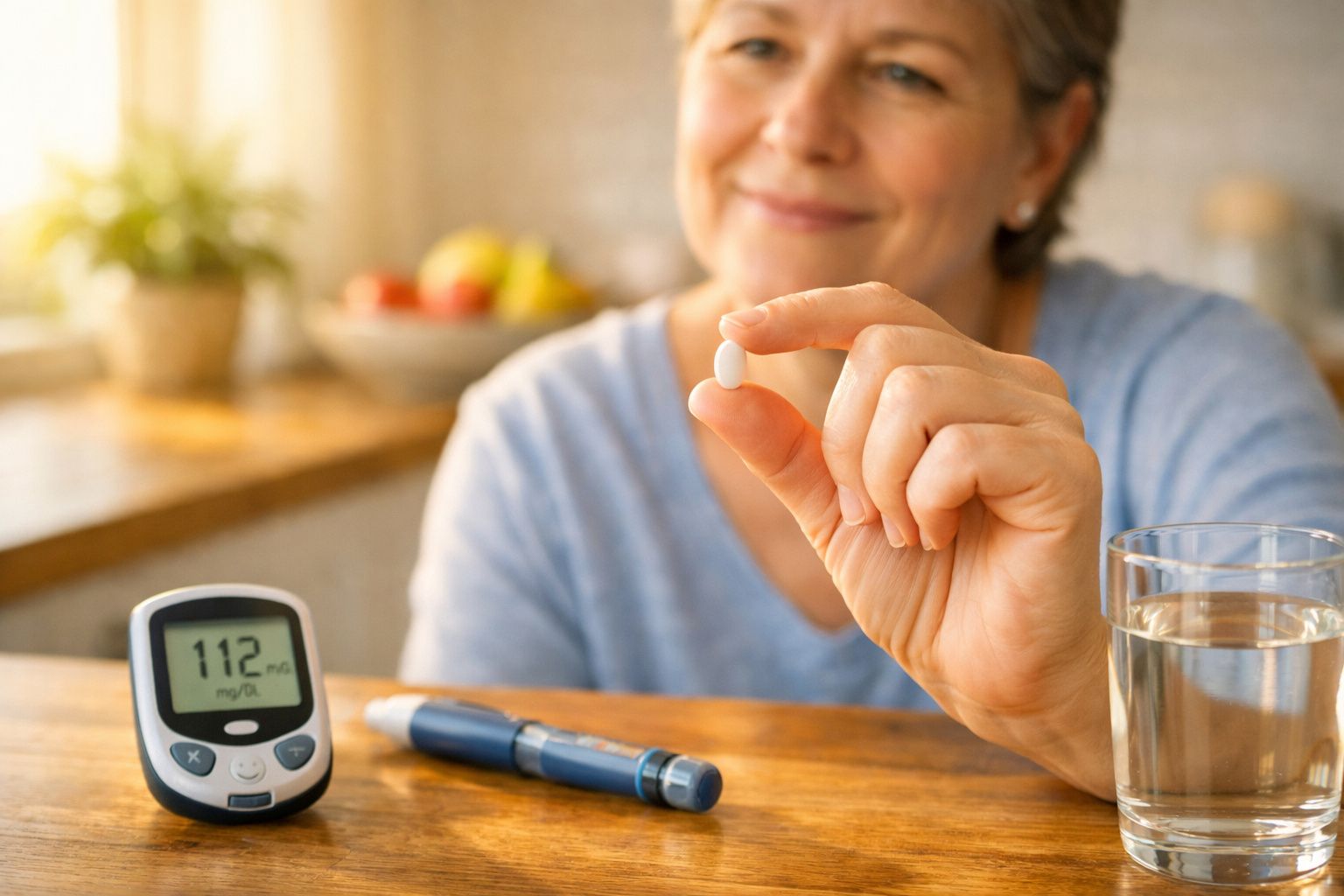 Mulher a tomar comprimido com copo de água na cozinha, com medidor, frutas e monitor de glicose na mesa.
