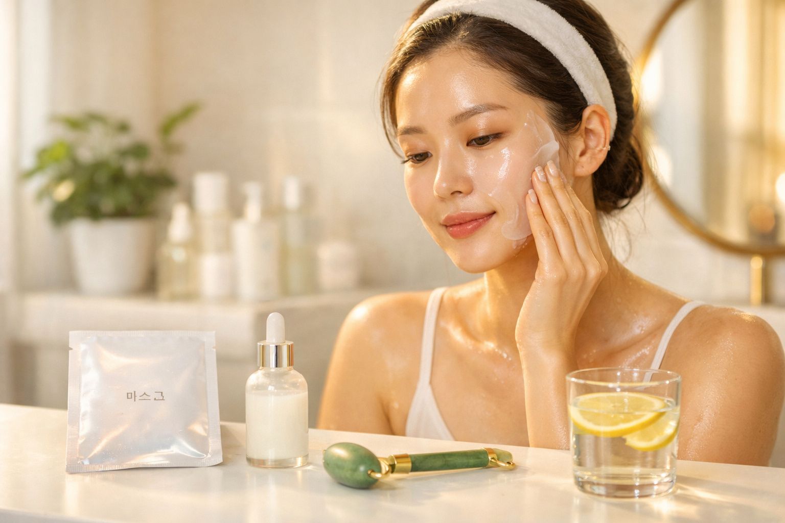 Mulher a aplicar uma máscara facial transparente num quarto de banho iluminado.