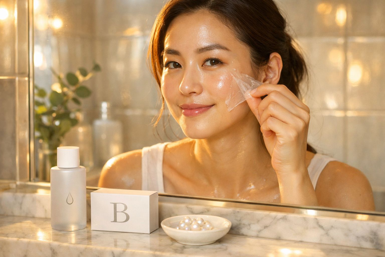 Mulher jovem a aplicar máscara facial de hidratação no rosto numa casa de banho moderna.