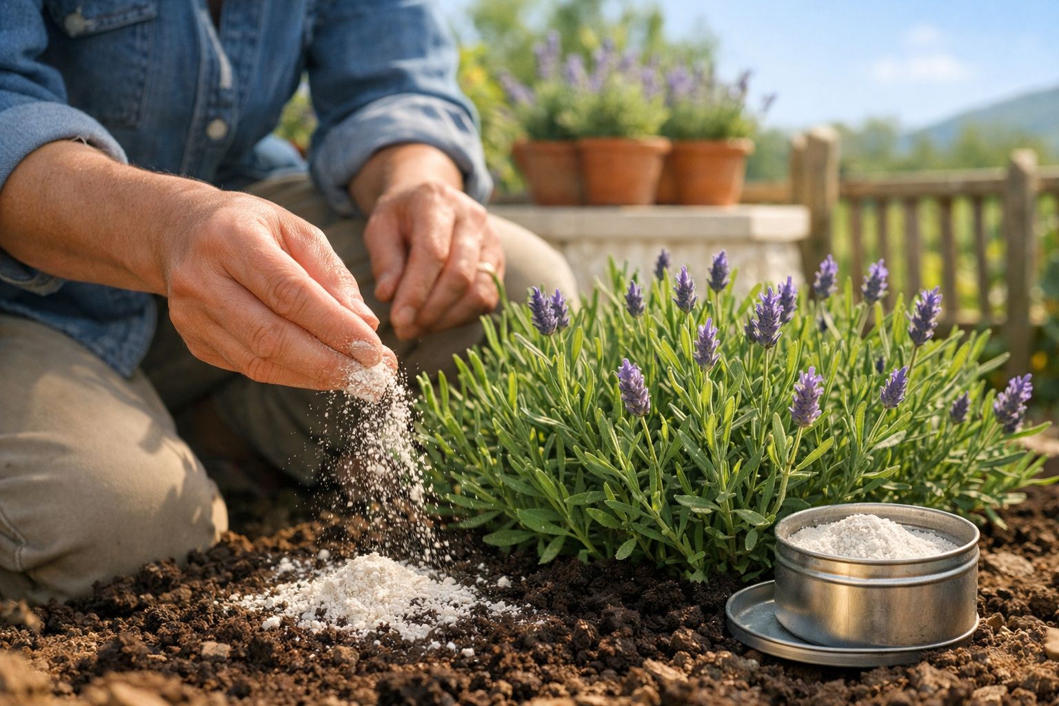 Pessoa a aplicar fertilizante branco em solo junto a plantas de lavanda num jardim ao ar livre.