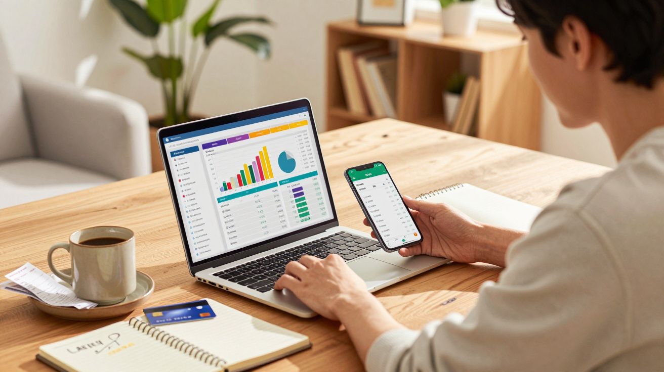 Pessoa a analisar gráficos e dados financeiros no computador portátil e telemóvel numa mesa de escritório.