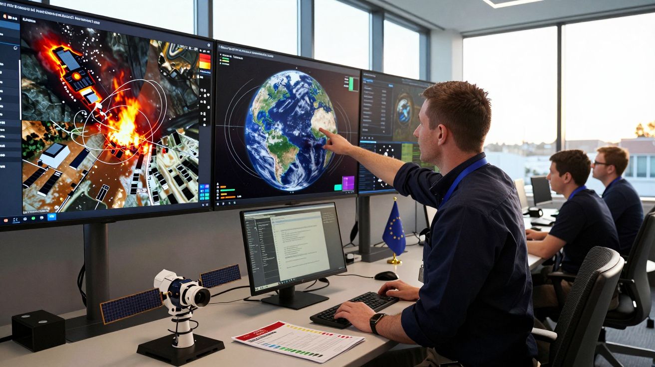 Profissional aponta para ecrã com representação da Terra enquanto colegas trabalham em ambiente tecnológico moderno.