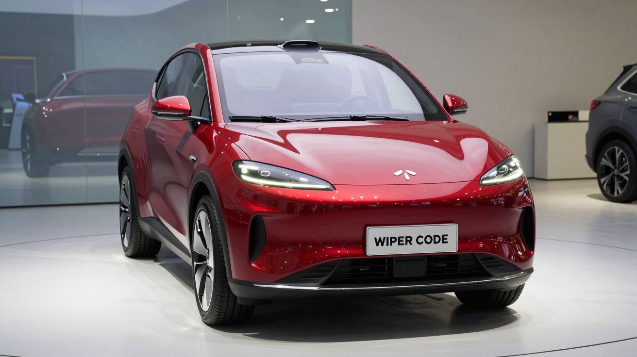 Carro elétrico vermelho futurista Wiper Code exposto em salão automóvel com iluminação interior.