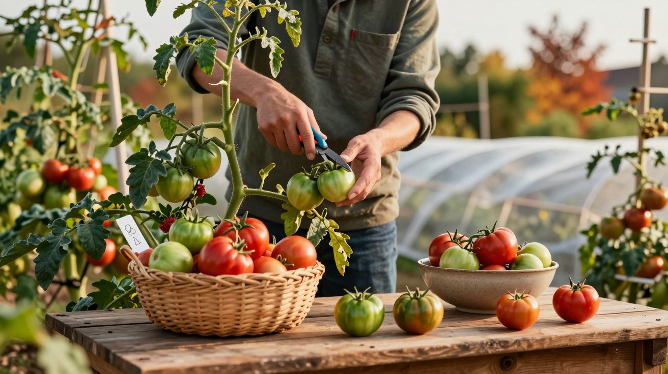 Pessoa a colher tomates verdes numa estufa, com uma cesta e uma tigela cheias de tomates frescos sobre a mesa.