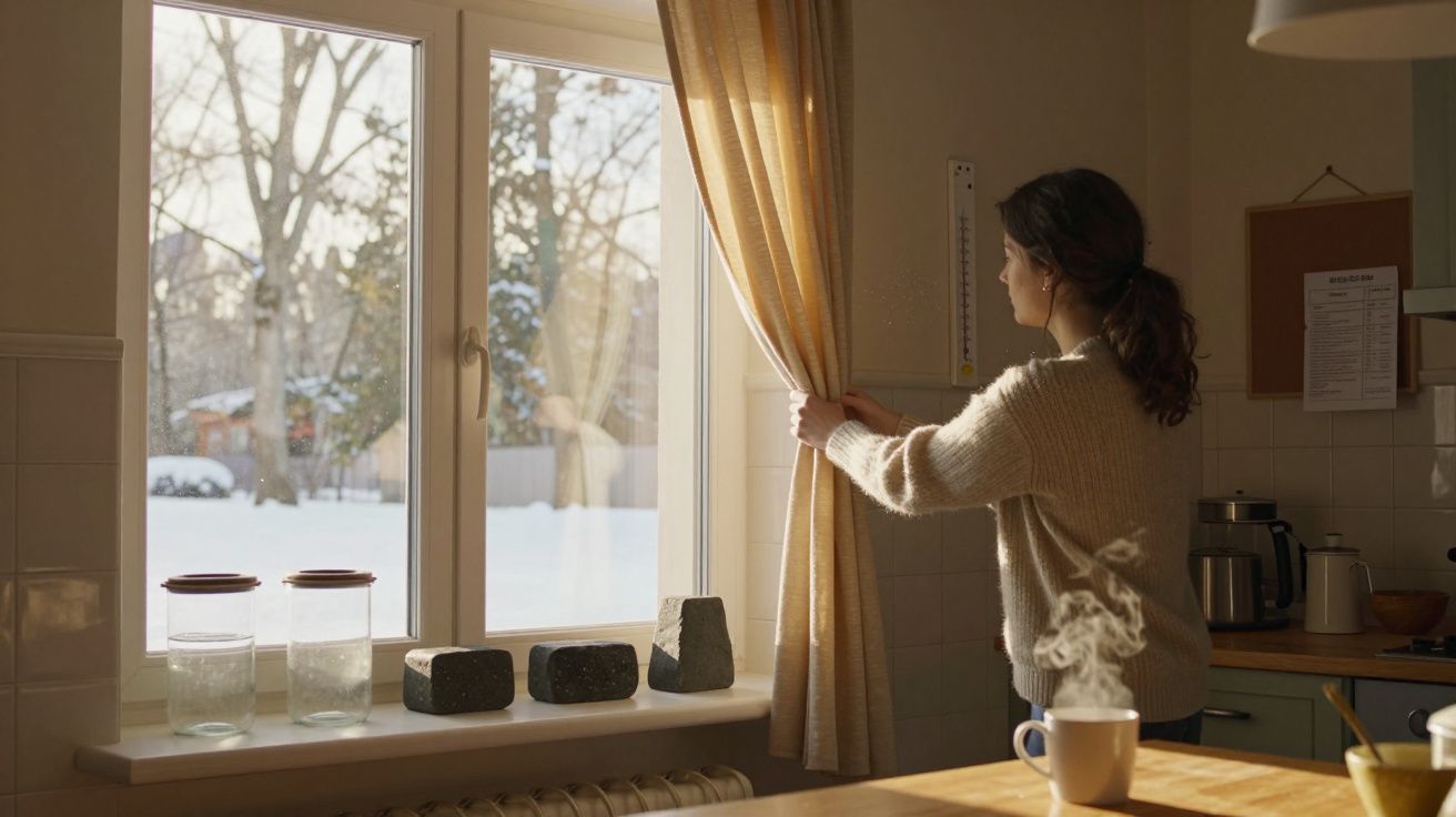 Mulher a puxar cortinas numa cozinha aconchegante com neve vista pela janela.