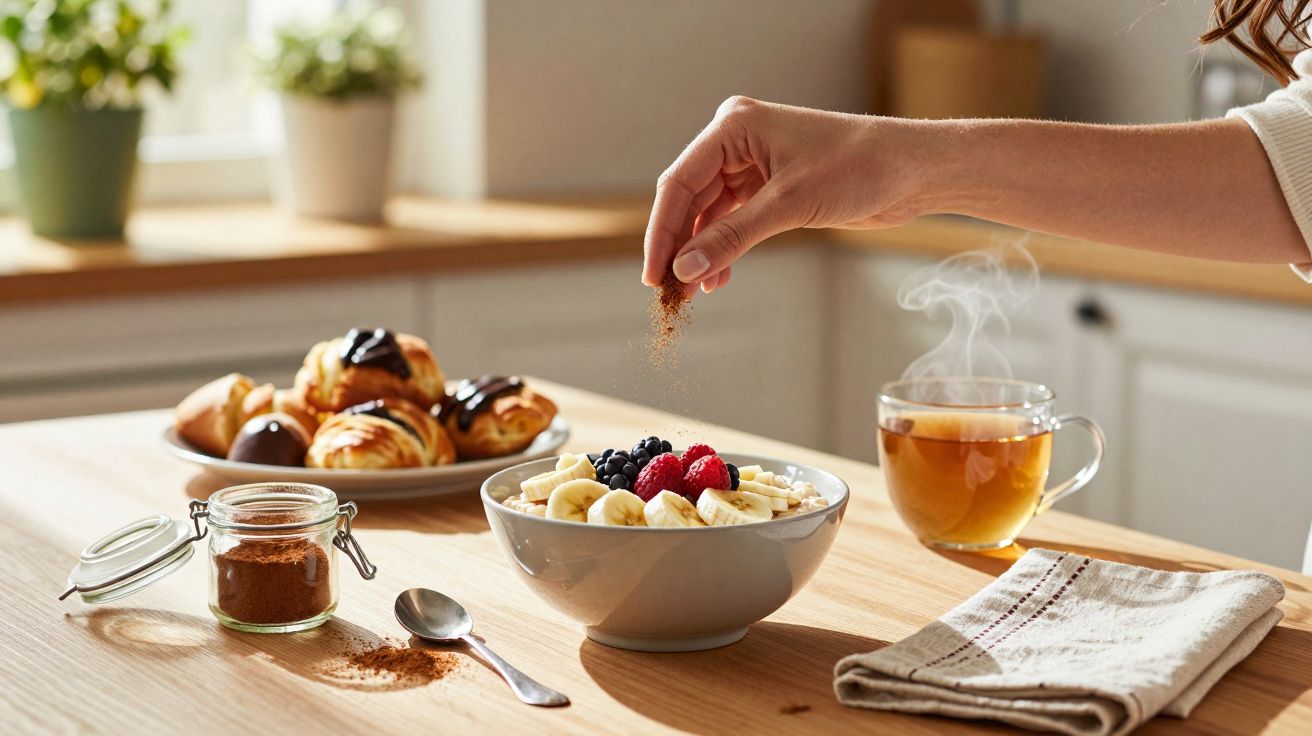 Pessoa a polvilhar canela numa tigela com frutas e papas, com chá e bolos ao fundo sobre mesa de madeira.