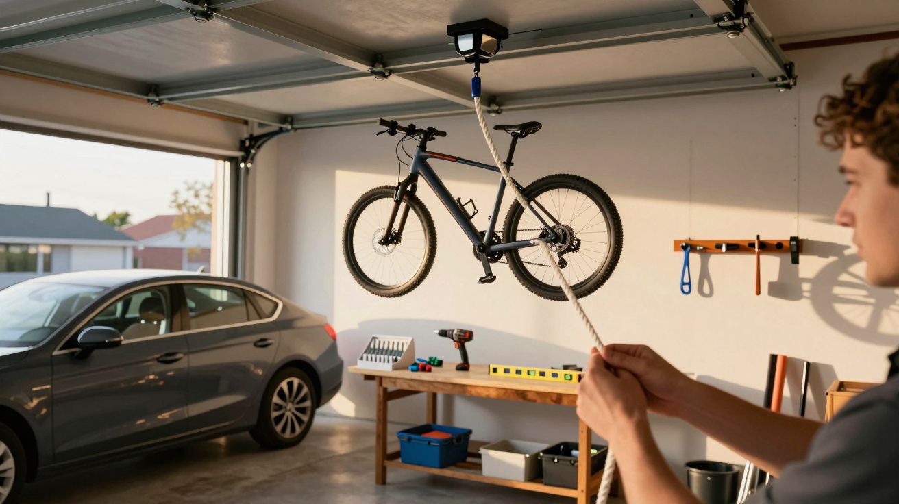 Homem a levantar bicicleta suspensa no teto de garagem com carro estacionado e ferramentas ao fundo.