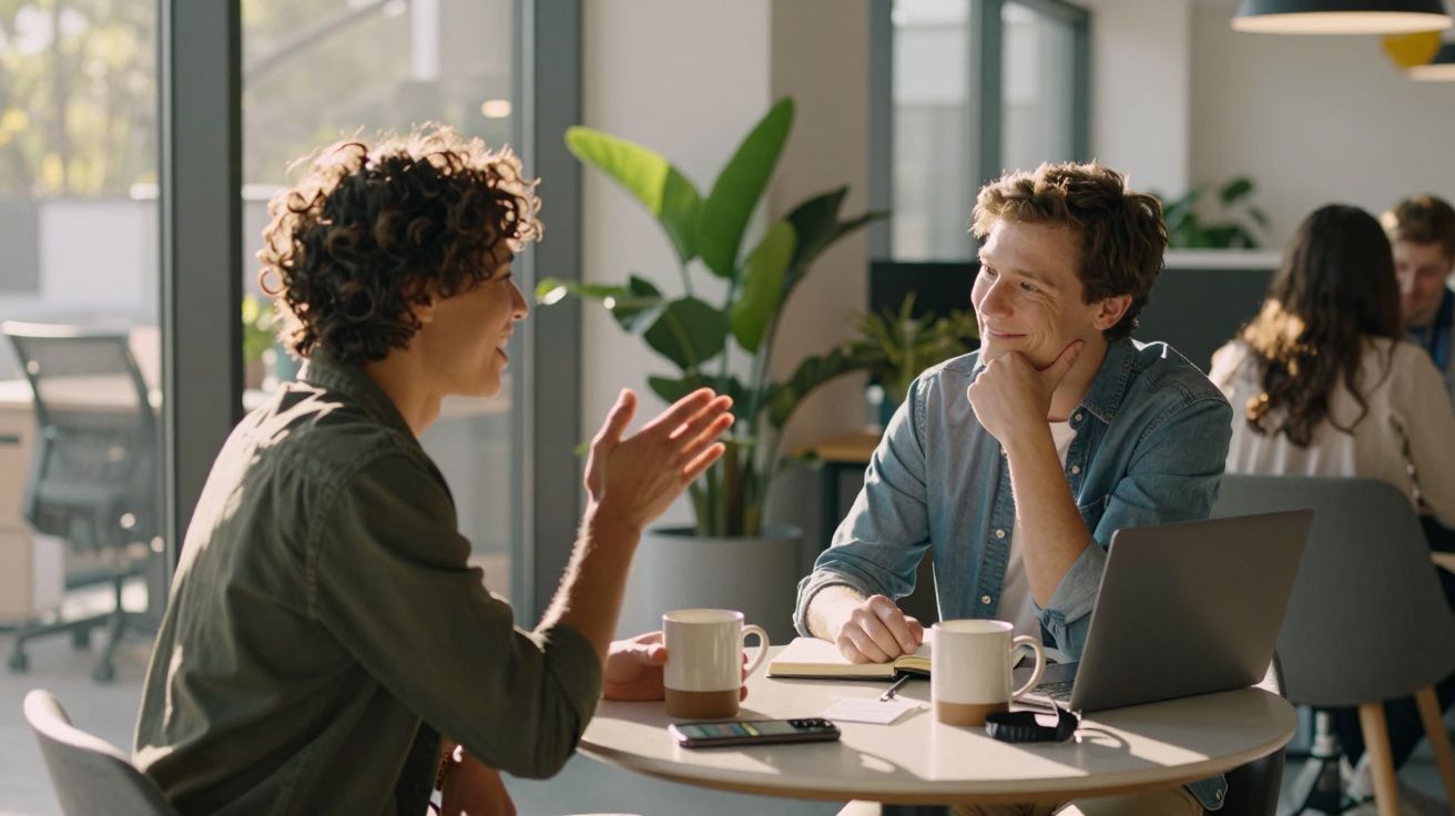 Duas pessoas a conversar e sorrir numa mesa com computador portátil e canecas num ambiente luminoso.