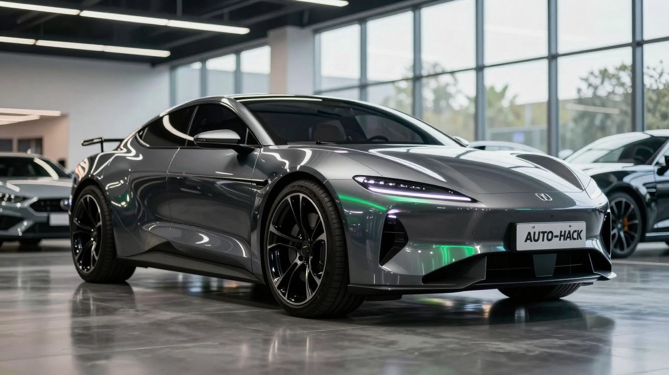 Carro desportivo cinzento estacionado numa sala de exposições com grandes janelas e luzes fluorescentes.