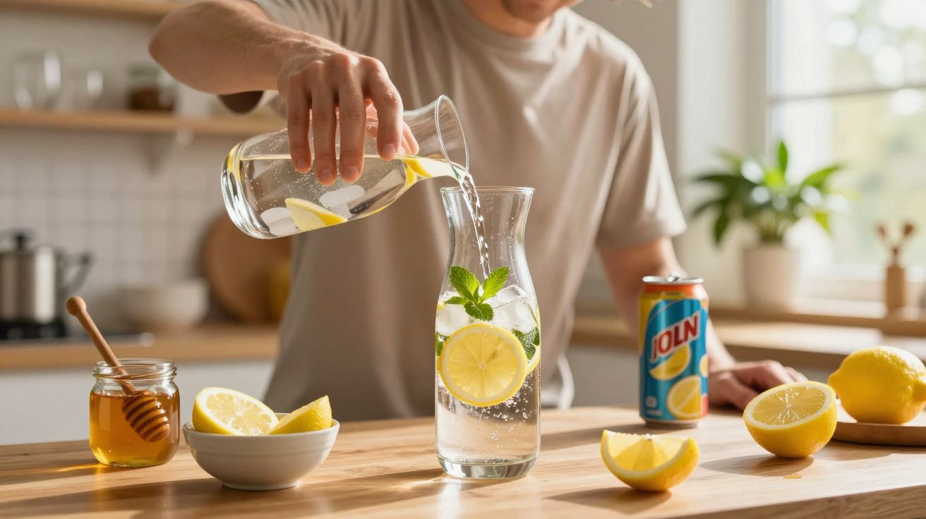 Pessoa a verter água com limão e hortelã em jarro numa cozinha com limões e mel na bancada.