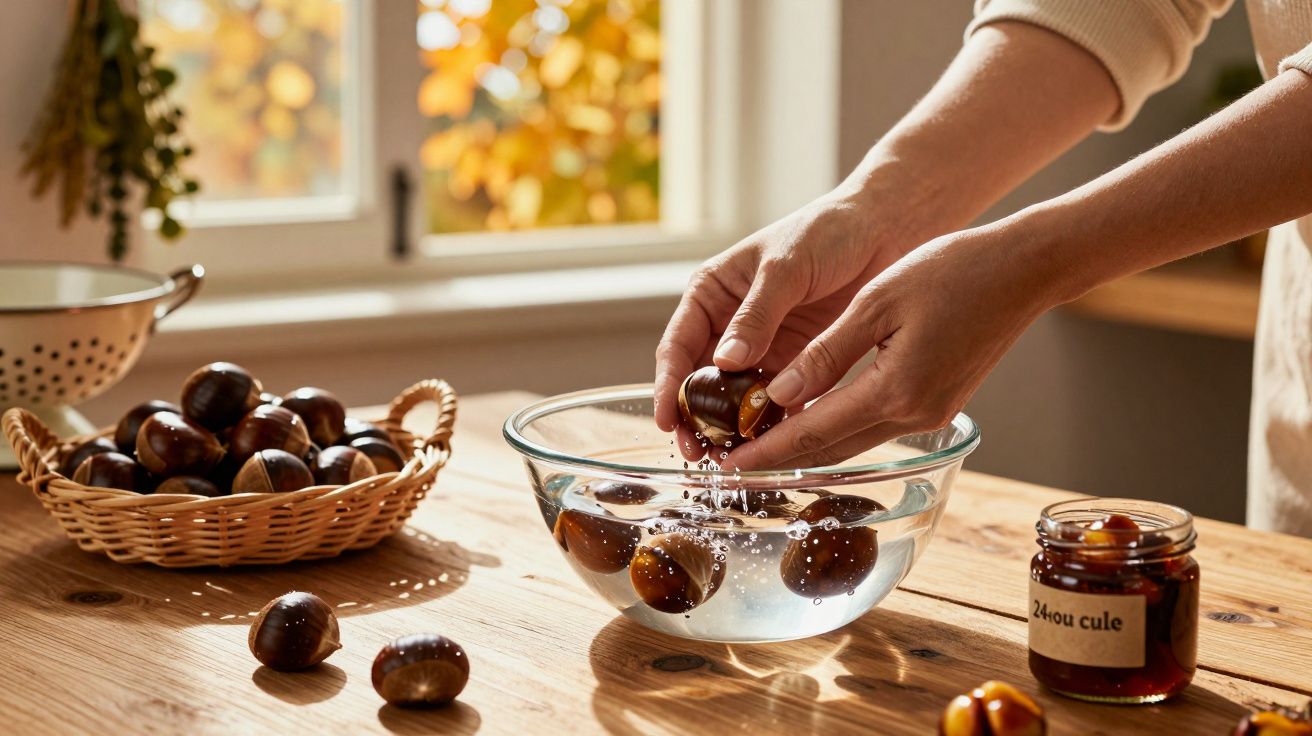 Mãos a lavar castanhas numa taça de vidro com água numa cozinha iluminada e cesto de castanhas ao fundo.