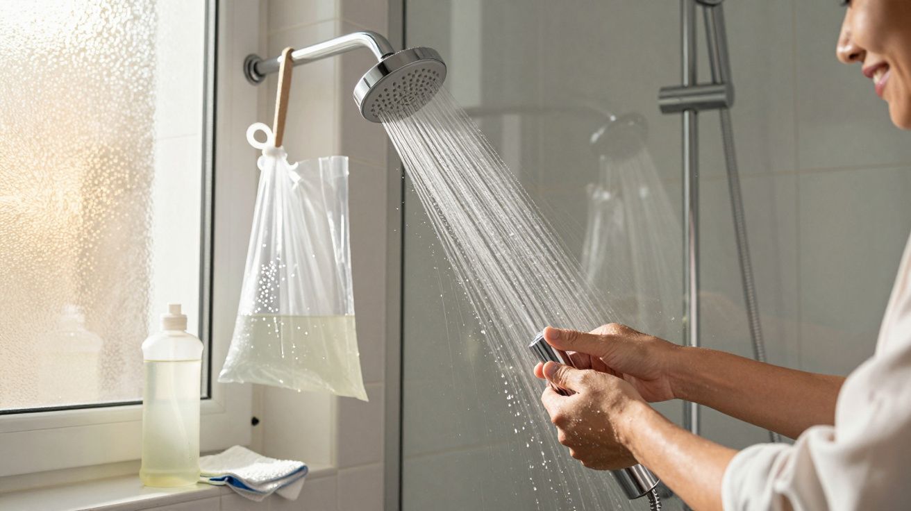 Chuveiro com água a correr e pessoa a lavar as mãos de rosto sorridente numa casa de banho luminosa.