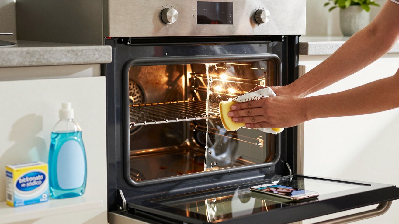 Pessoa a limpar a porta interna de um forno com uma esponja amarela e uma luva branca.