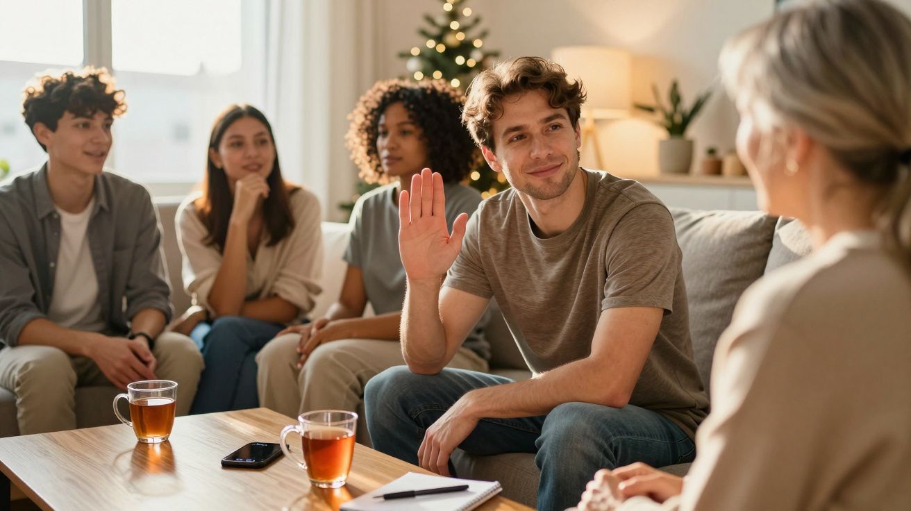 Grupo de jovens sentados em sala decorada com árvore de Natal, participando de conversa animada.